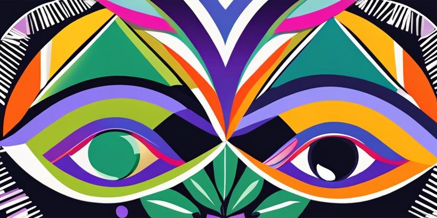 Mano de Fátima pintada en colores vibrantes con detalles geométricos.