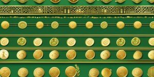 Amuleto dorado sobre fondo verde con monedas